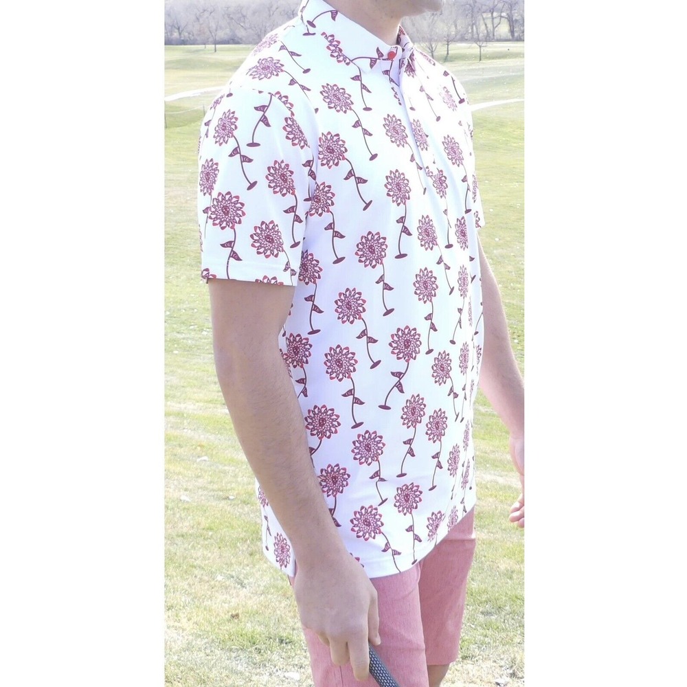 Chuco Golf Mens Psycho Daisy Polo Shirt Rose White Floral Skull Print NWT Medium